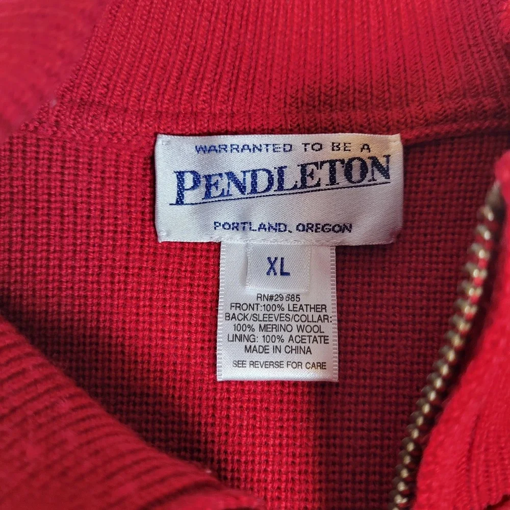 Pendleton Oregon Vintage Wool Leather Sweater Jacket‎ Solid Red Zippered Size L